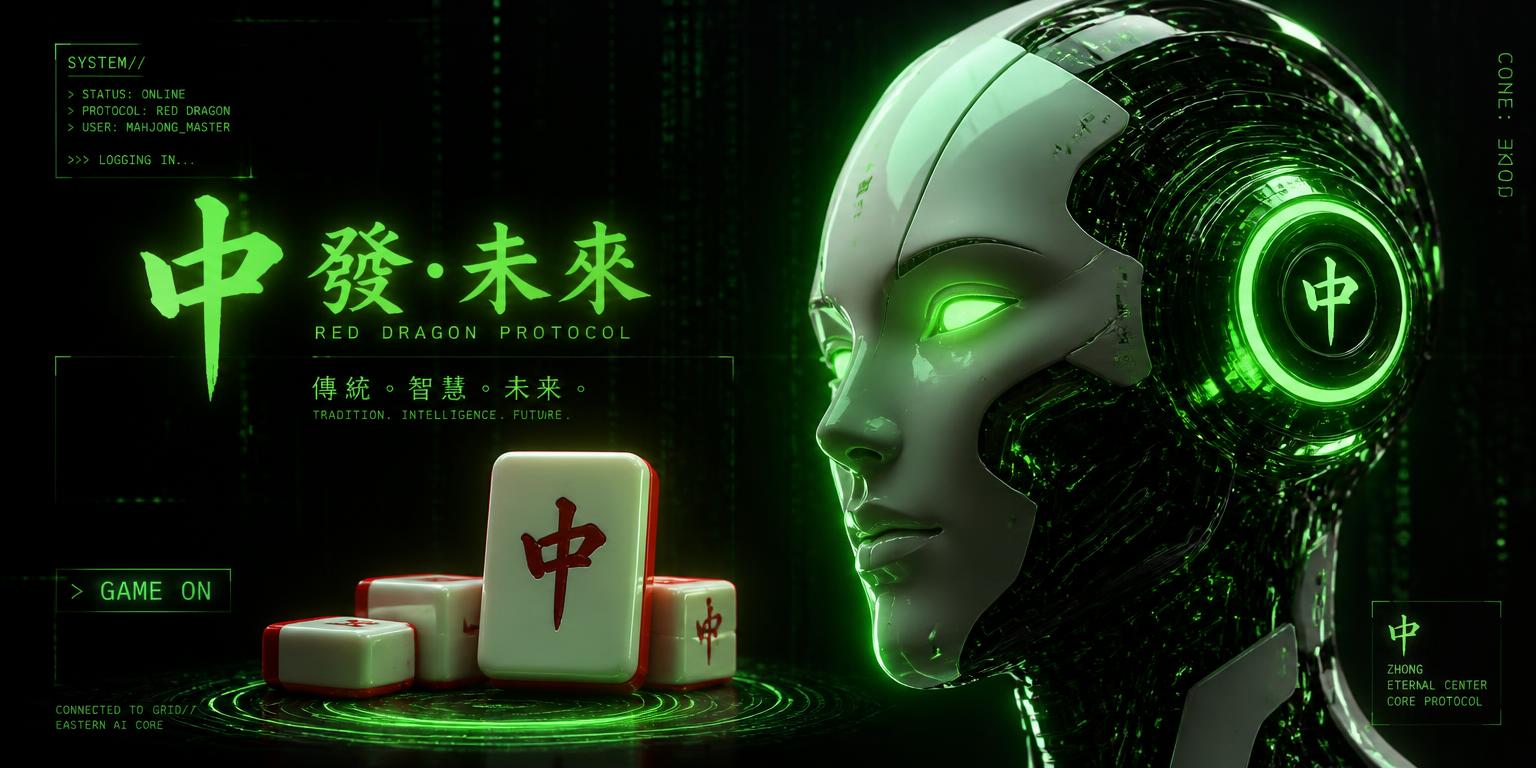 Robot 3D dan tile mahjong merah 中 dalam grid neon